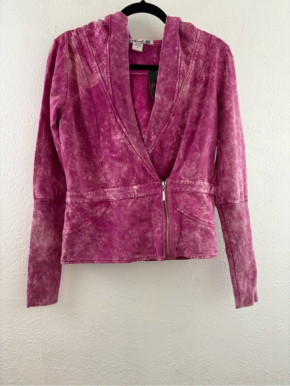 Threads pink acid wash  asymmetric wrap-style zipper draped shawl-collar hood M